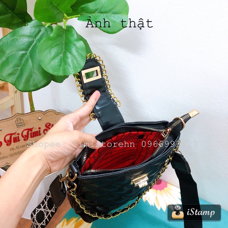 Túi đeo chéo nữ khoá xoay trần trám phối xích da mềm dây bản to rẻ đẹp thời trang TIMISTOREHN TN061