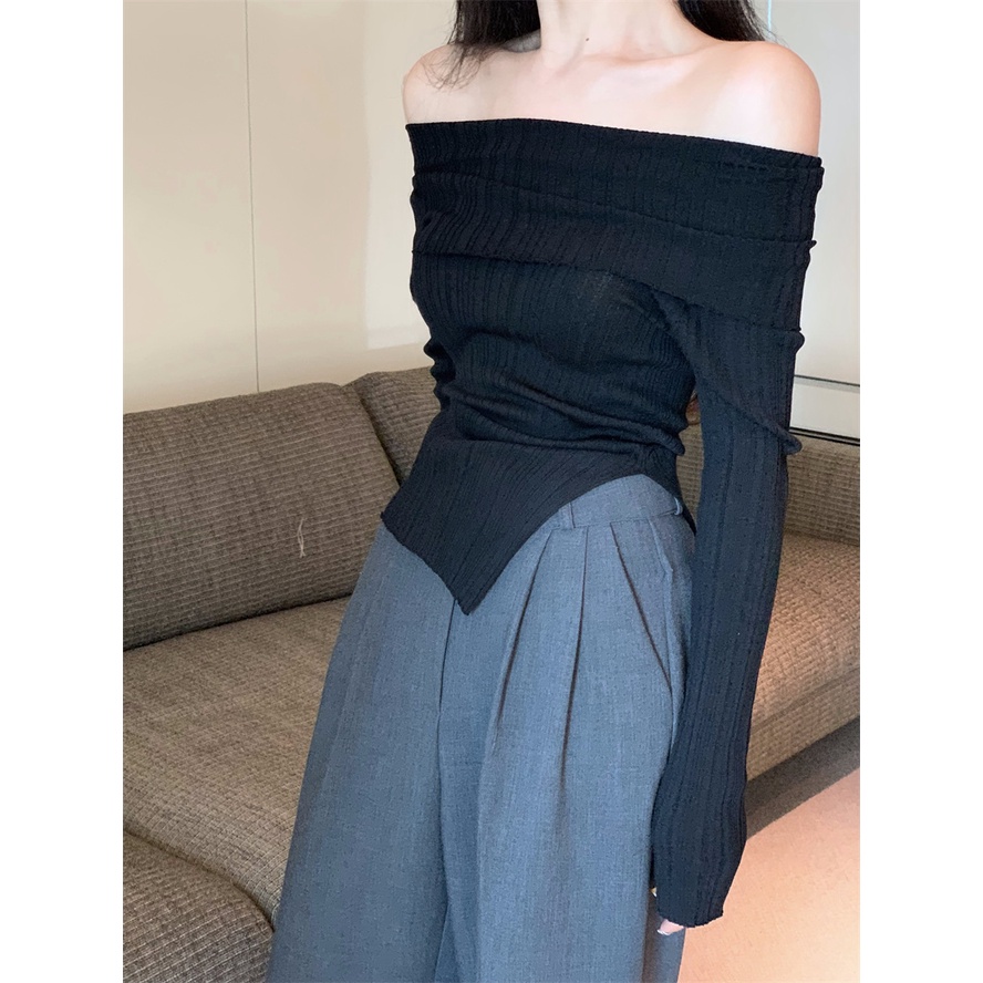 Áo sweater Dệt Kim Trễ Vai Thiết Kế Xẻ Tà Phong Cách retro