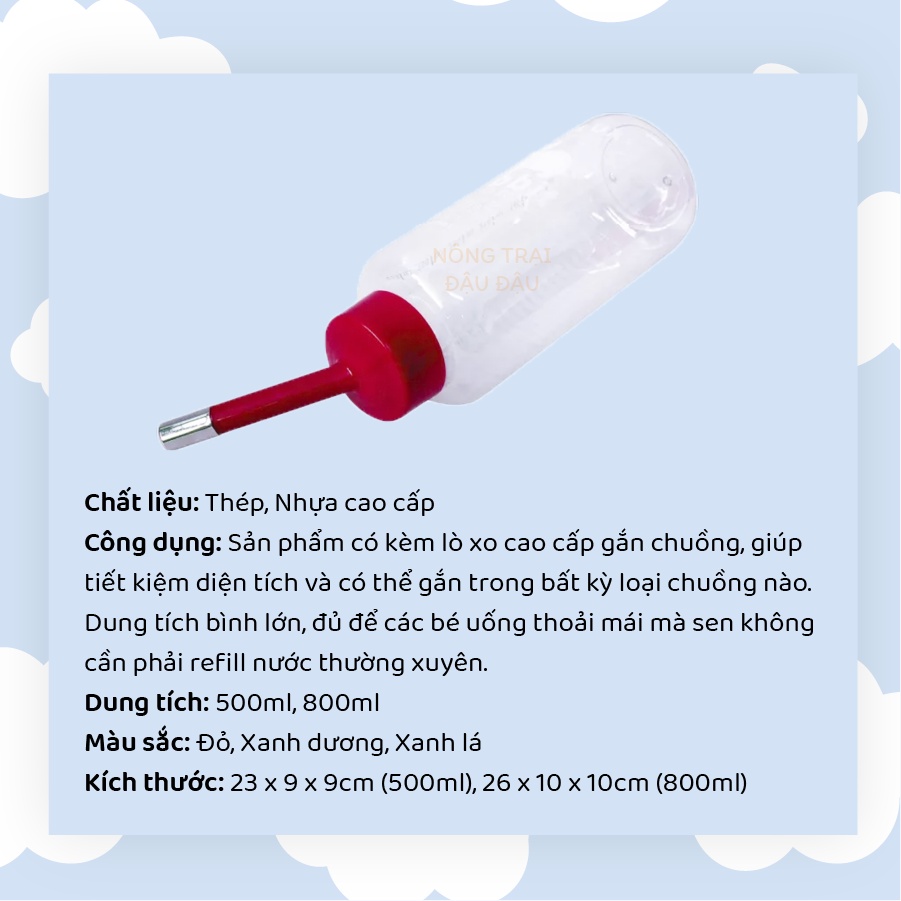 Bình Nước Cho Thỏ, Bọ Ú, Chinchilla, Hamster 500ml 1000ml