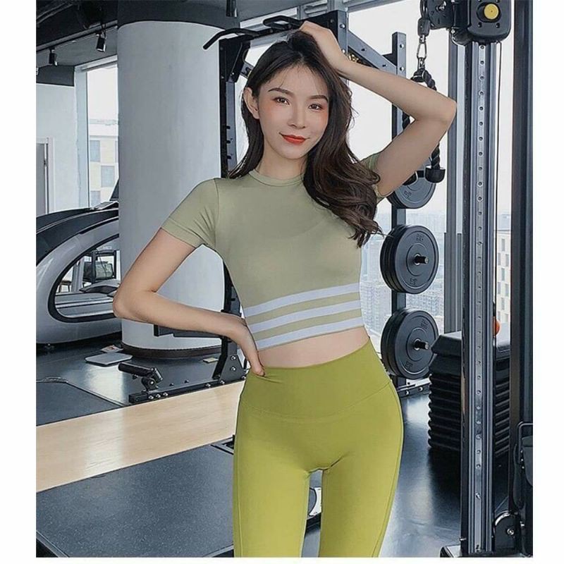 Áo dệt croptop tập gym yoga phối sọc ngang