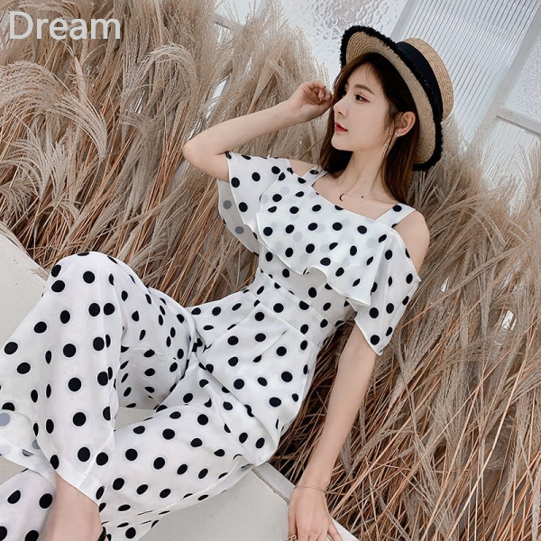 Suspender jumpsuit phụ nữ mùa hè mỏng mới áo liền quần dây treo chín điểm cạp cao chấm bi voan quần ống rộng thời trang quần áo phụ nữ