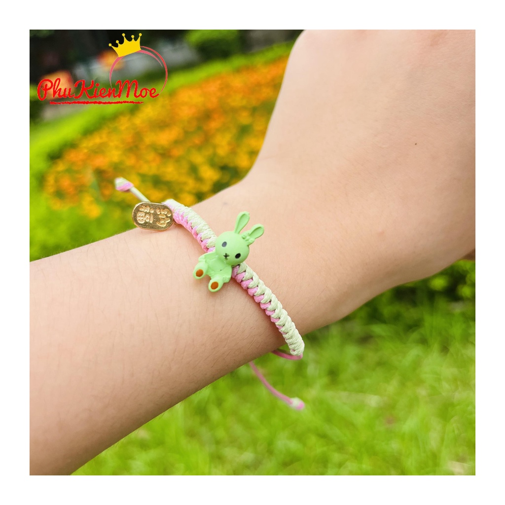 Vòng tay dây rút 2 màu xanh hồng pastel hình gấu và thỏ PhuKienMoe handmade