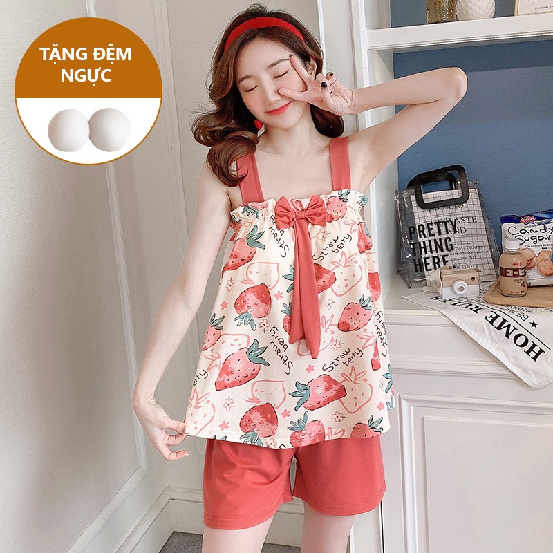 Bộ Ngủ 2 Dây Cotton Thun Sữa Mềm Mịn Tặng Kèm Mút Ngực BC14