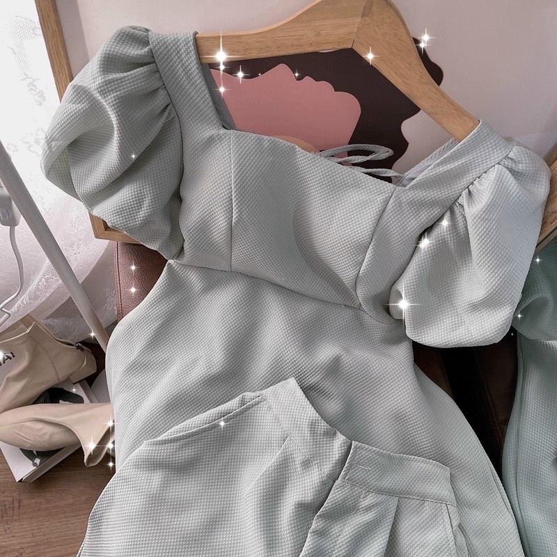 Set áo gấm hở lưng tay phồng short lưng thun