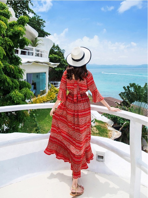 Đầm maxi chiffon mịn tay lỡ eo thun hoạ tiết hoa thổ cẩm size S M L XL | BigBuy360 - bigbuy360.vn