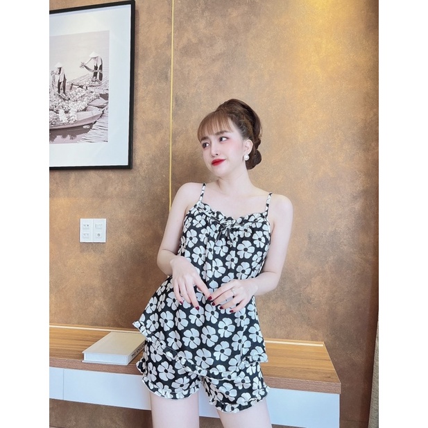Đồ ngủ 2 dây dễ thương, bộ lụa viền bèo mặc nhà mát
