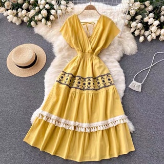 (ảnh thật)(sẵn kem) Váy đầm maxi boho thổ cẩm thêu hoa viền tua rua thắt dây đi biển đi chơi du lịch