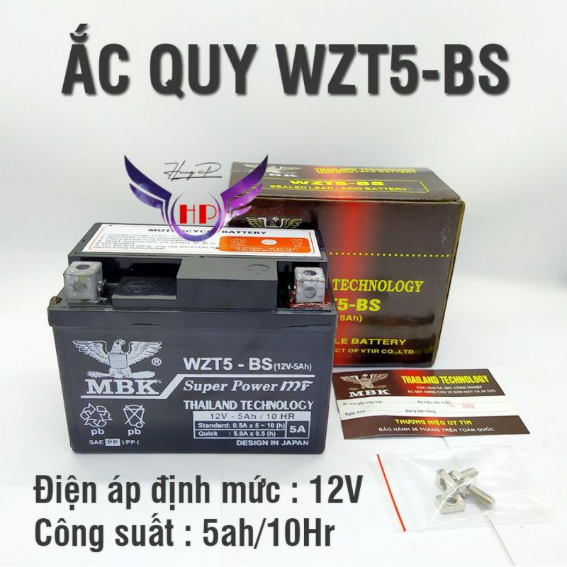 Bình ắc quy khô THAILAND WZT5 12V-5Ah kích thước ,lắp cho các xe wave,air blade..vv