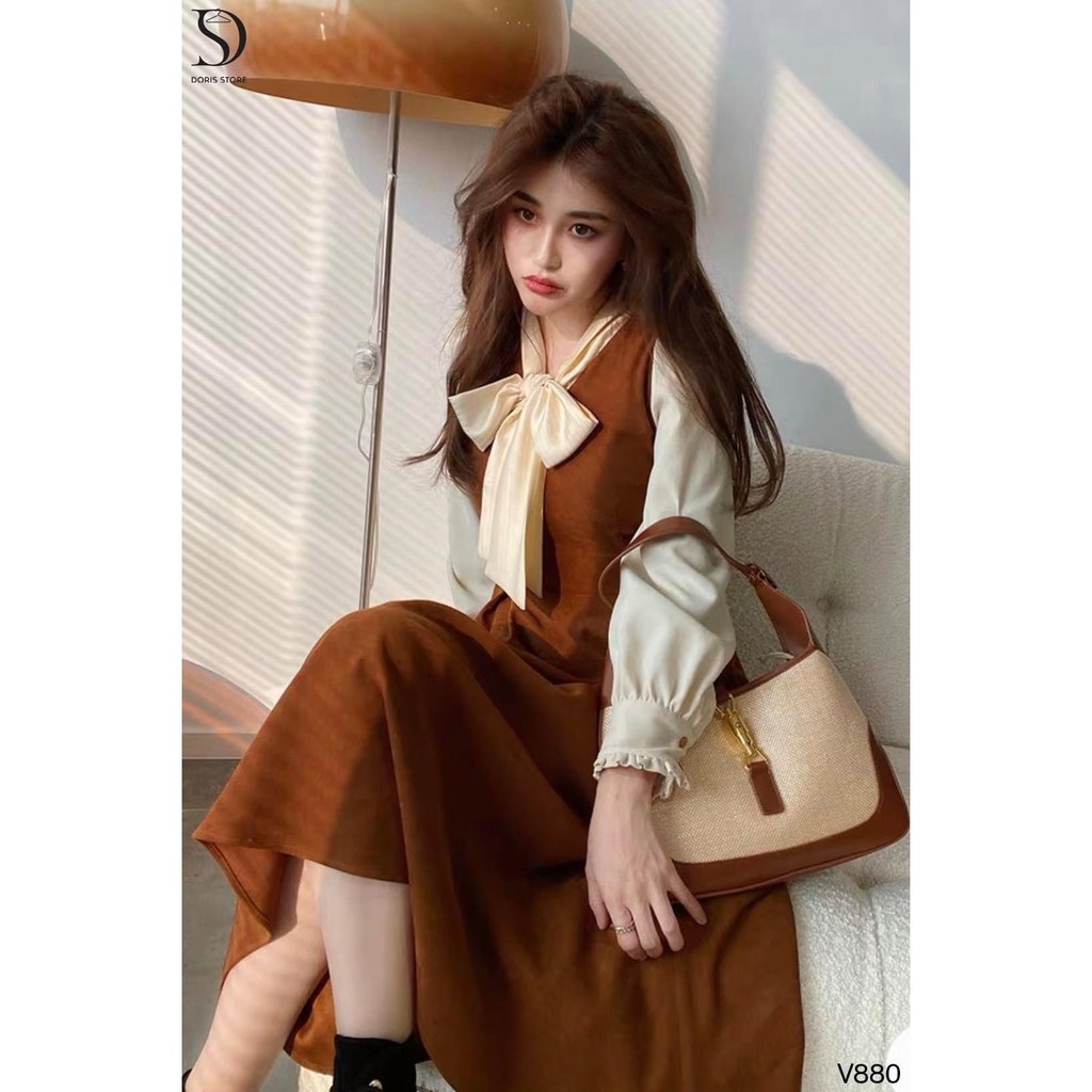 VÁY NHUNG NÂU TAY PHỐI CỔ NƠ dáng xoè | BigBuy360 - bigbuy360.vn