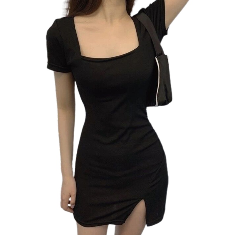 Đầm Ôm Dáng Tay Ngắn Cổ Vuông Màu Đen Thanh Lịch Cổ Điển Cho Nữ