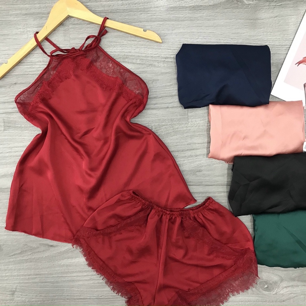 Đồ ngủ yếm phối ren, chất liệu lụa satin cao cấp, quần đùi ren gợi cảm, freesize dưới 65kg - SHOP HUYỀN TRANG