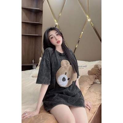 Áo phông nữ tẩy loang xám đen hình ngộ nghĩnh