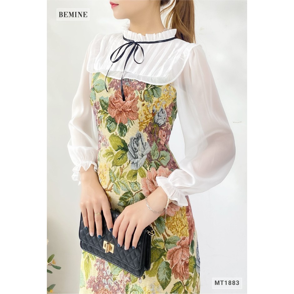 Đầm hoa phối bèo trắng tay dài BEMINE MT1883XANH | BigBuy360 - bigbuy360.vn