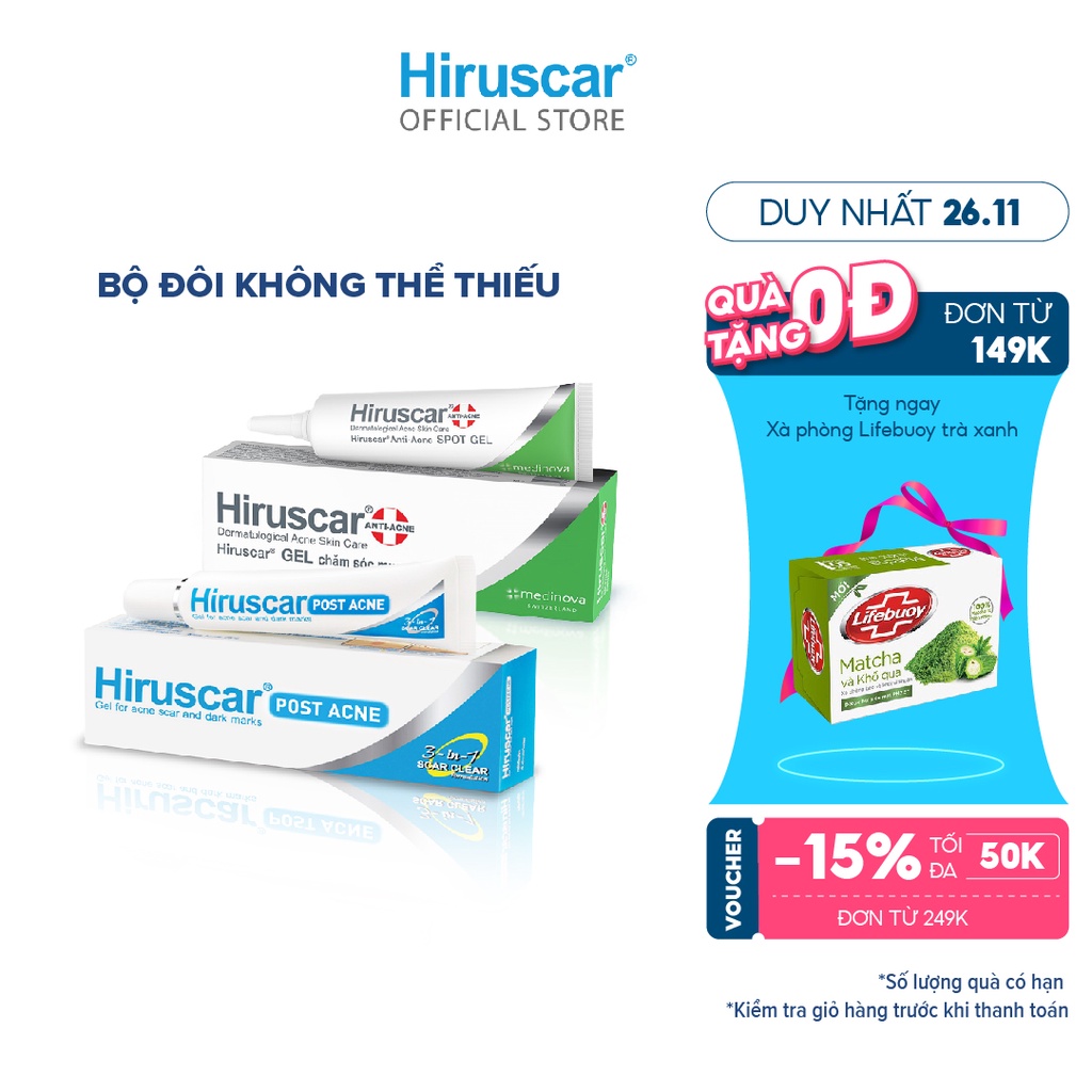 [Mã FMCGMALL -8% đơn 250K] Bộ gel xử lí mụn Anti-Acne Spot 10g và chăm sóc thâm mụn Hiruscar Post Acne 10g