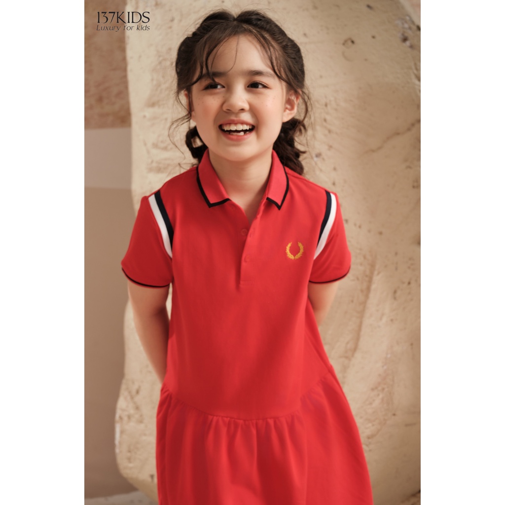 Váy polo đỏ sọc vai thiết kế 137Kids chất cotton thấm hút mồ hôi tốt cho bé gái đi chơi đi học