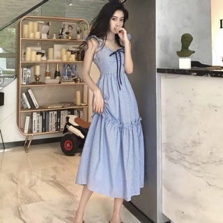 VÁY MAXI NƠ XANH DÁNG DÀI