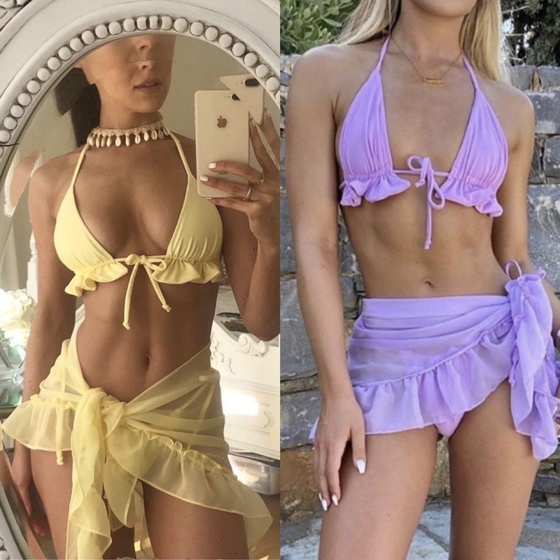 [BKN1395] &lt;ÂU&gt; SET BIKINI 3 MÓN VÀNG/TÍM LILAC KÈM KHĂN HÔNG VIỀN BÈO
