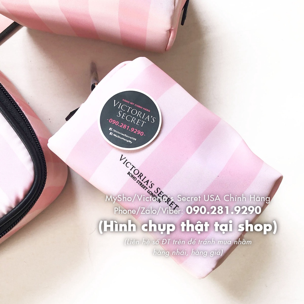 Bộ túi trang điểm sọc hồng siêu xinh, gọn nhẹ - Hàng nhập Victoria's Secret USA