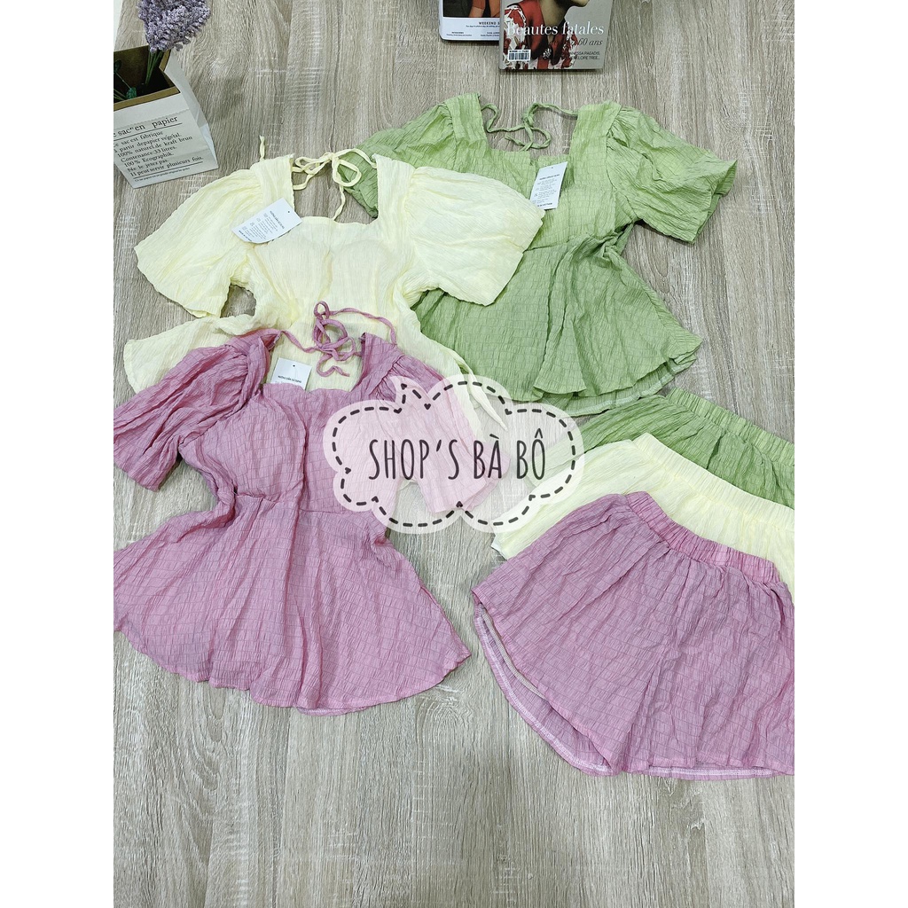Set đũi xốp cho nữ mặc nhà, mặc đi chơi, áo babydoll hở lưng có dây cột nơ lưng, quần short siêu dễ thương