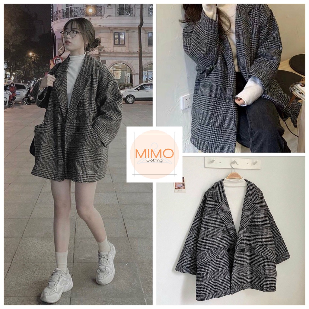 [ẢNH THẬT] ÁO KHOÁC DẠ KẺ CỔ VEST HÀN QUỐC FORM RỘNG NỮ RẺ ĐẸP