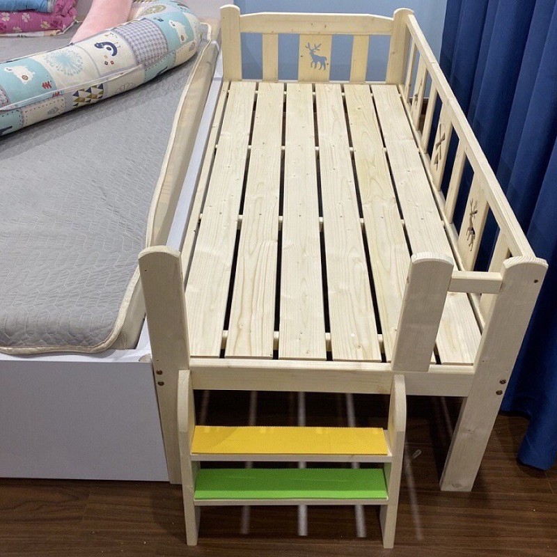 Giường em bé gỗ thông tự nhiên quây 3 mặt size 200cm có cầu thang | BigBuy360 - bigbuy360.vn