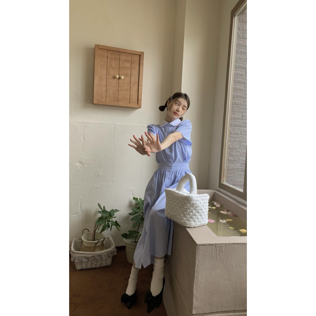 Miss Zhishi ~ Màu tương phản Ve áo phồng tay Áo sơ mi ngắn tay sọc + Bộ chân váy có ô khoét ngực