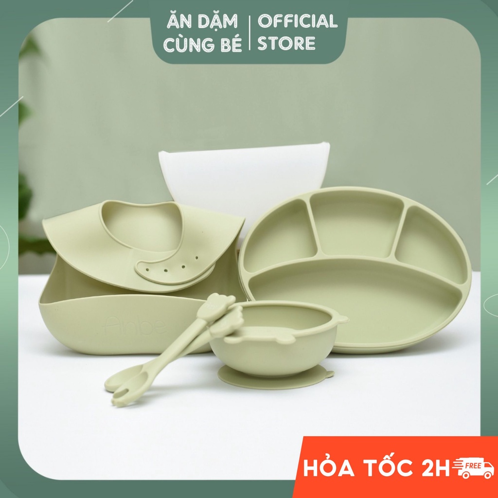 Bộ khay chén bát thìa dĩa yếm ăn dặm silicon chống đổ an toàn cho bé ANBE VIỆT NAM có kiểm định chất lượng BAM1