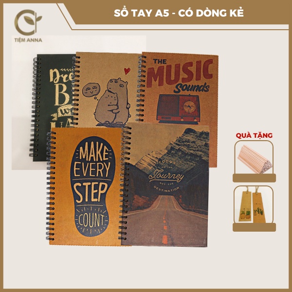 Sổ tay- Sổ tay ghi chép có dòng kẻ vintage - handmade giấy Kraft khổ A5 bìa cứng