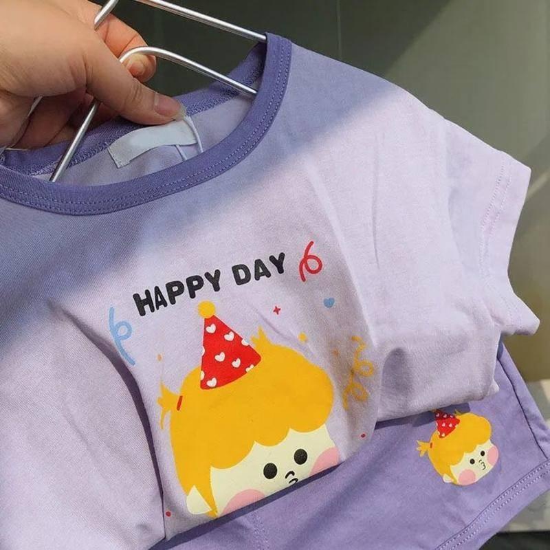 Bộ đồ 2 món gồm áo thun cotton ngắn tay + quần short mùa hè phong cách phương Tây hoạ tiết phim hoạt hình cho bé