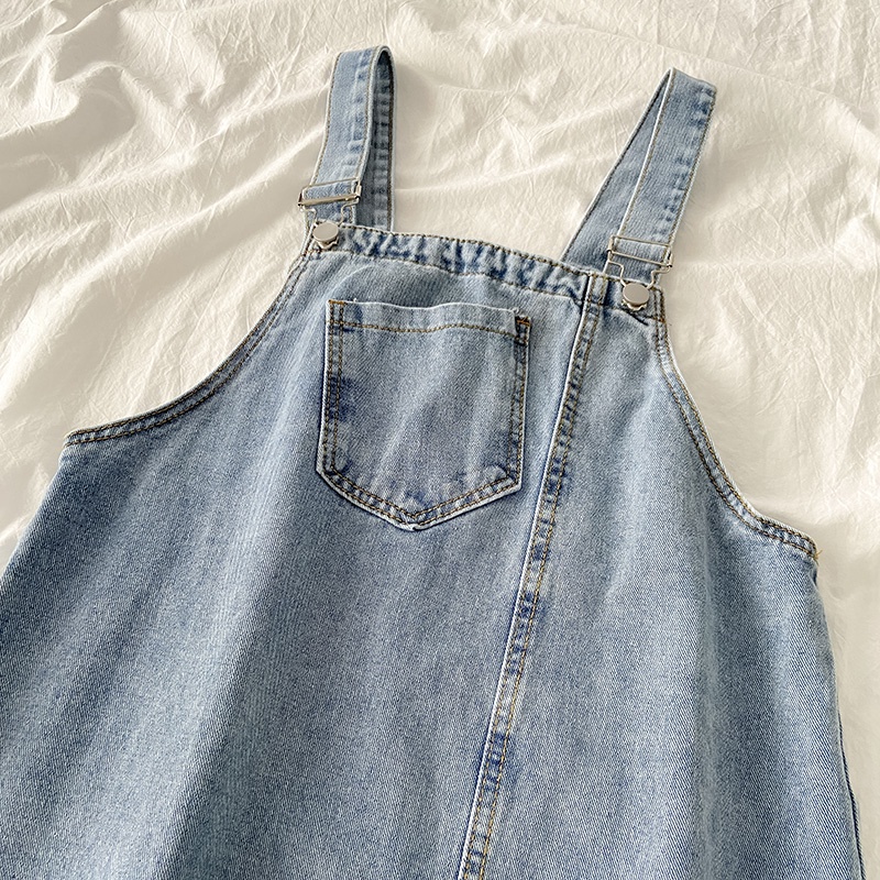 Váy dây denim xẻ tà nữ mùa hè mỏng sinh viên nhỏ lỏng lẻo và mỏng váy dây treo trung dài cổ điển