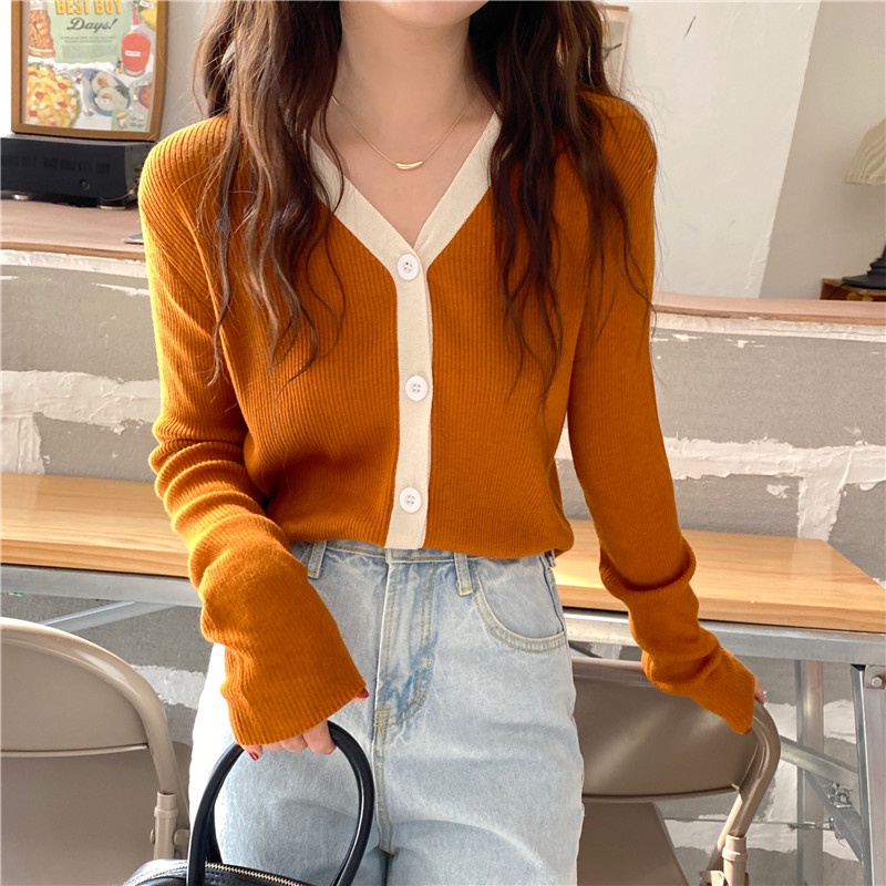 Áo khoác cardigan Pure Cube dài tay cổ chữ V màu sắc tương phản phong cách Hàn Quốc cho nữ
