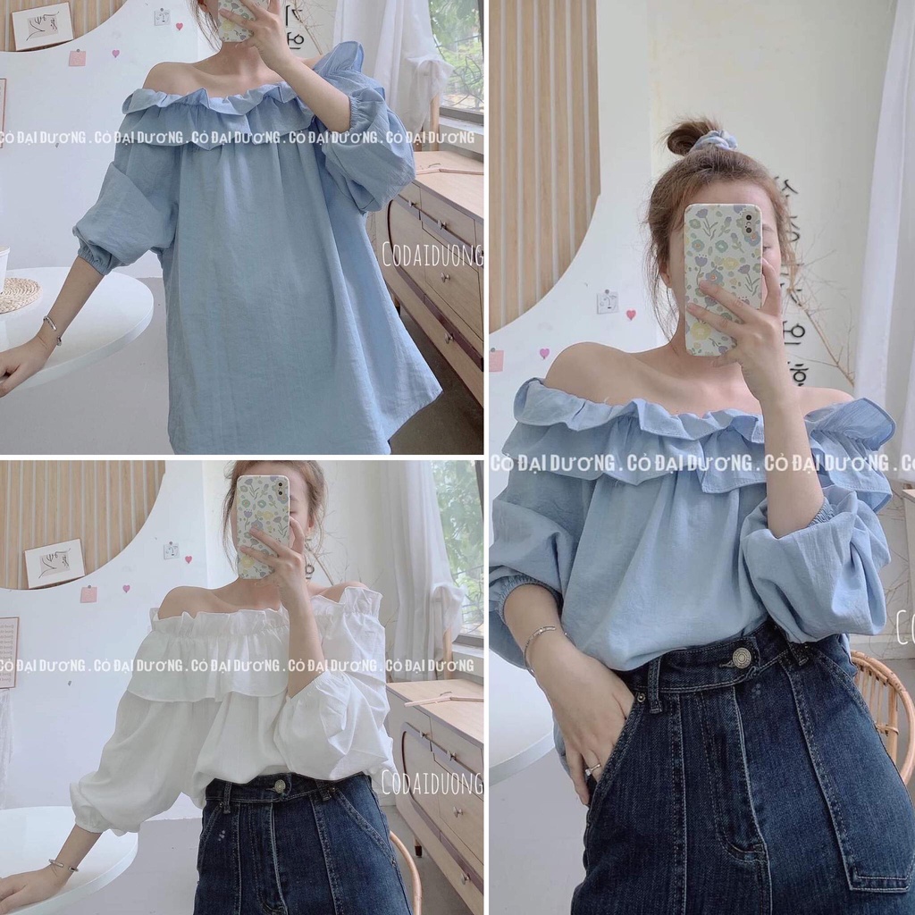 Áo sơ mi bèo trễ vai tay lỡ - Áo sơ mi nữ tay lỡ dáng trễ vai phom rộng dáng suông họa tiết bèo tiêu thư C420