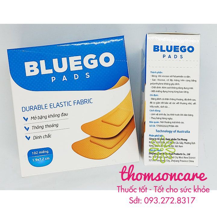 Băng dính cá nhân Bluego -Bảo vệ vết thương, vết trầy xước - Hộp 102 miếng