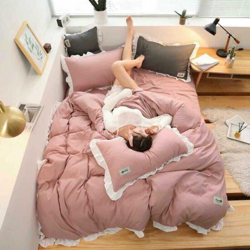 Bộ chăn ga Cotton Tici bèo ren cách điệu