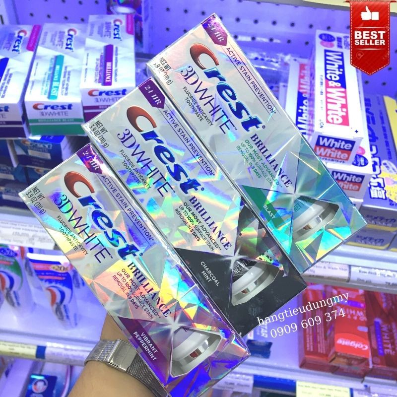 [Mẫu Mới - Hàng Mỹ] Kem Đánh Trắng Trăng Crest 3D White Brilliance Loại Bỏ 100% Mảng Bám Sau 3 Ngày 99G, 110G