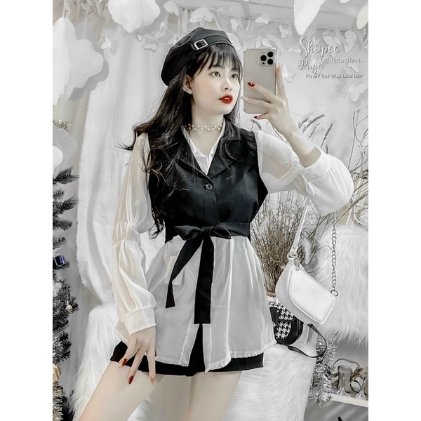 SET ÁO KHOÁC VEST SÁT NÁCH CỘT NƠ + ÁO SƠ MI VOAN FORM DÀI - T4U084