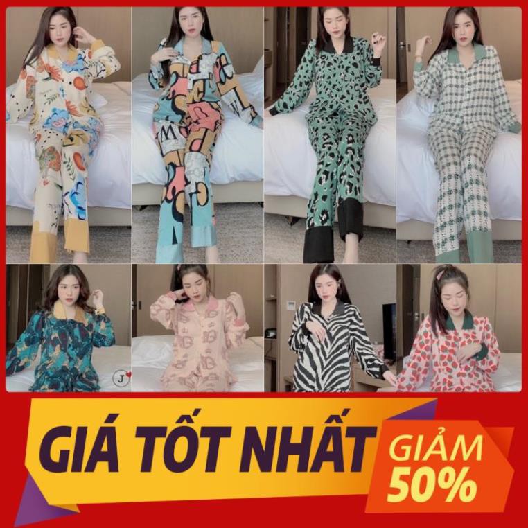 Đồ Ngủ Nữ🌸Đồ Bộ Pijama Lụa Tay Dài Họa Tiết Chất Liệu Satin