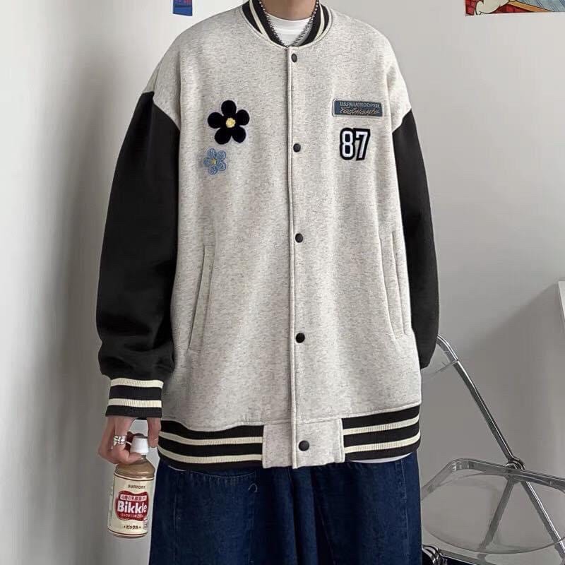 Áo Khoác Bomber Nỉ Bông Nút Bấm Hoa Cúc Ảnh Thật