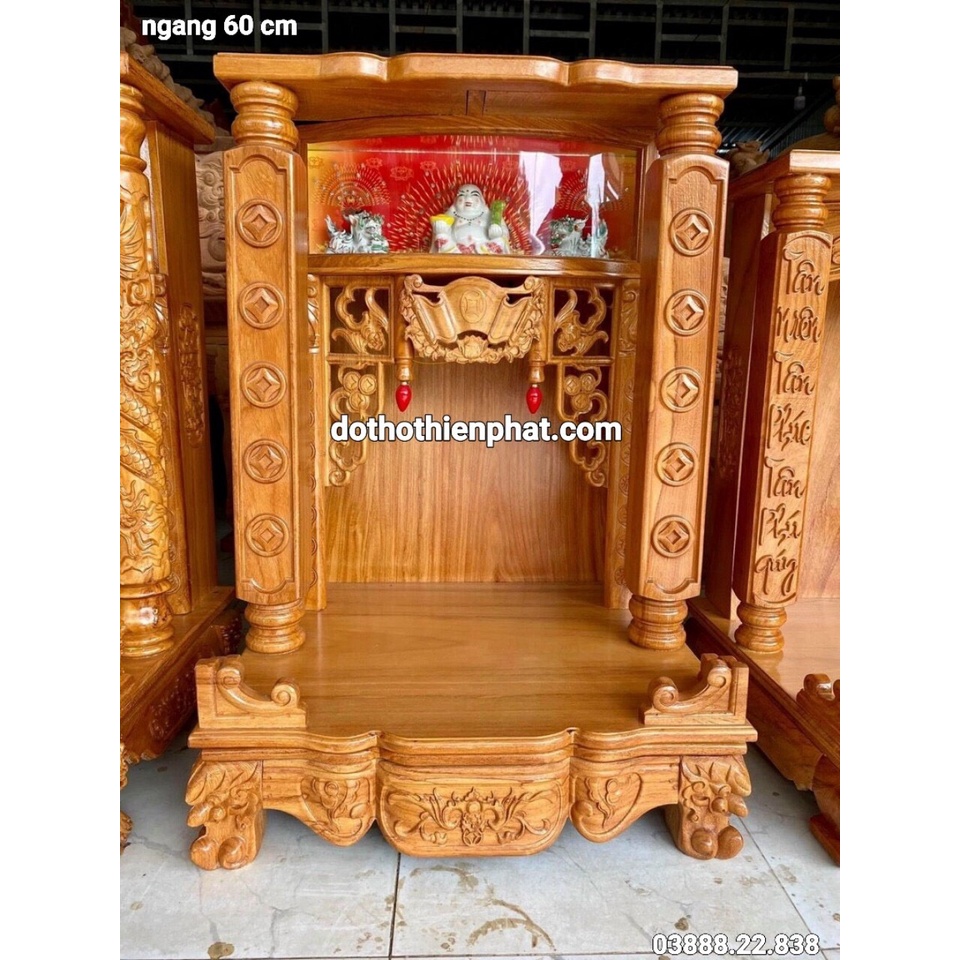 Bàn thờ thần tài ông địa gỗ gõ đỏ quỳ trụ điện tử cột vuông ngang 60cm mẫu mới rất đẹp