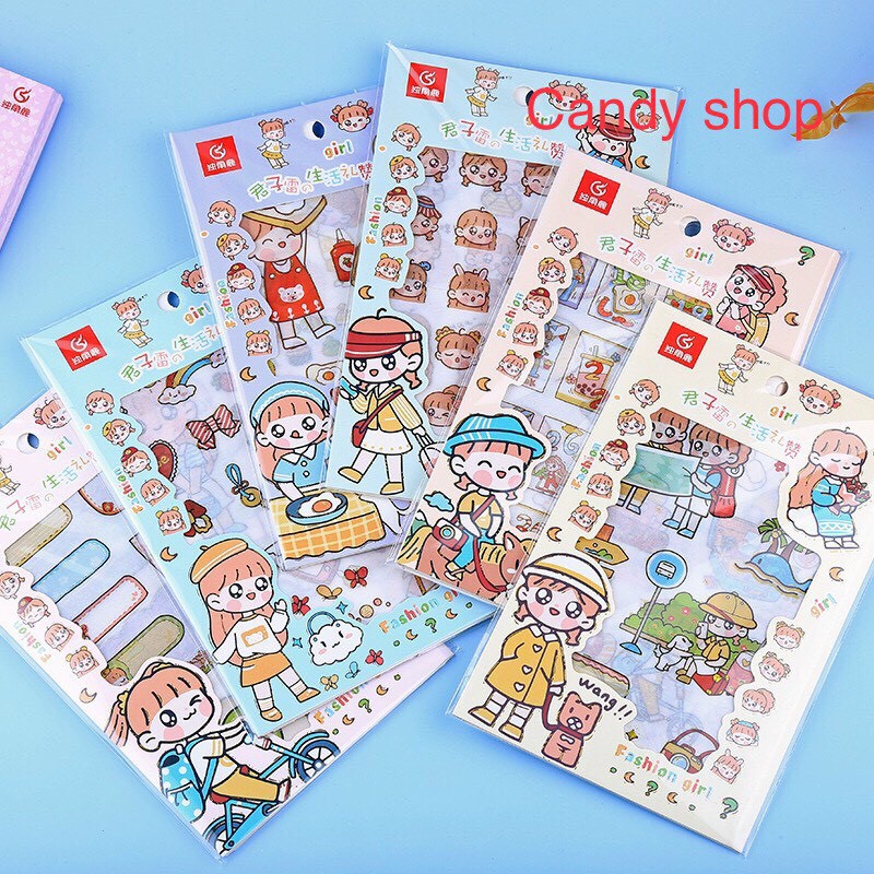 Set 4 tấm sticker trang trí tập sổ Chàng trai, cô gái