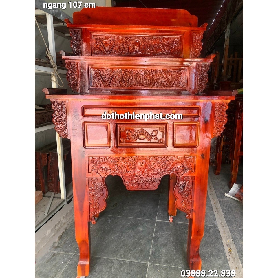 Bàn thờ gia tiên 107x127 gỗ tràm hàng xịn (loại 1) 3 tầng mẫu mới rất đẹp