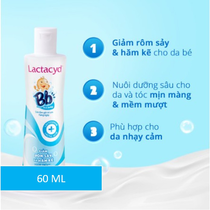 Sữa tắm gội cho bé Lactacyd BaBy 60ml - Giảm Rôm Sảy, Hăm Kẽ Vượt Trội - DATE: 2022 - LACTAYD