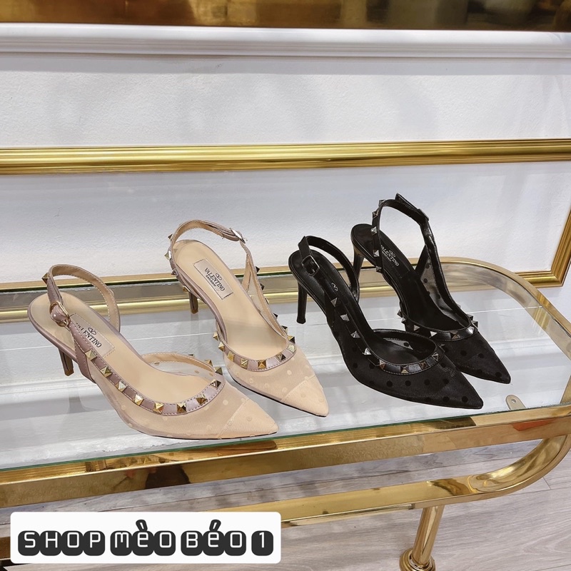 Sandal vltn lưới bi viền đinh gót nhọn fullbox
