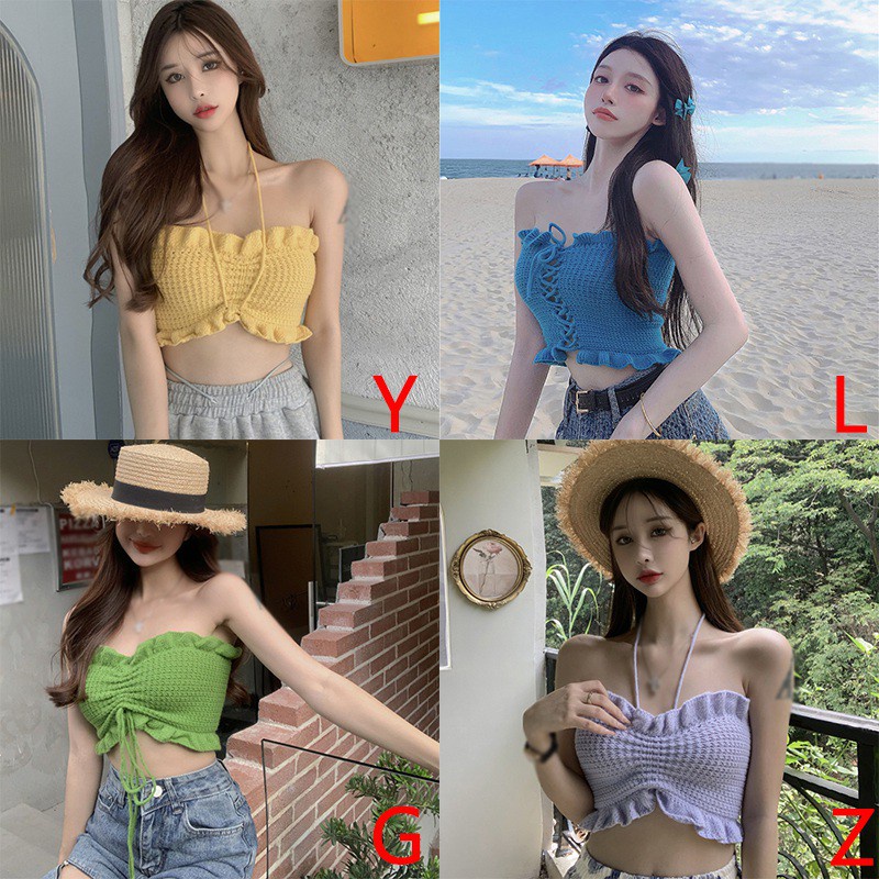 Áo Croptop Dệt Kim Màu Sắc Trơn Phối Dây Rút Gợi Cảm Dành Cho Nữ