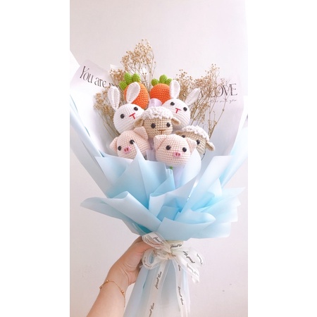Bó hoa len handmade-Đầu thú bông