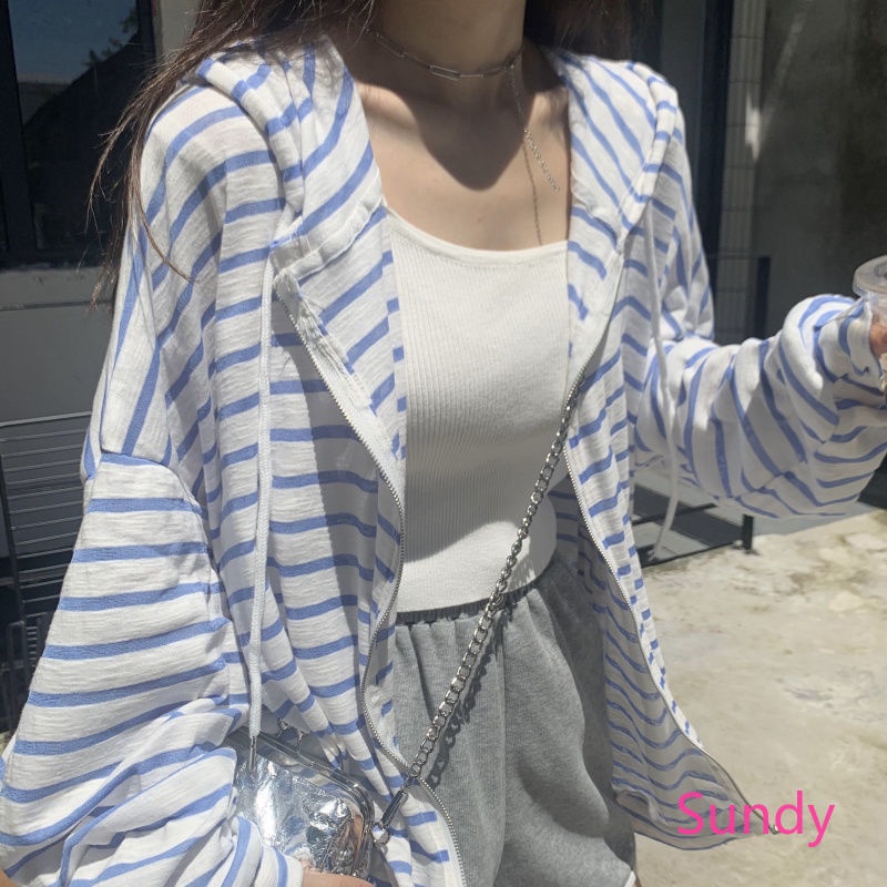 Áo Khoác Cardigan Chống Nắng Dáng Rộng Họa Tiết Kẻ Sọc Thời Trang Mùa Thu Phong Cách Hàn Quốc Cho Nữ