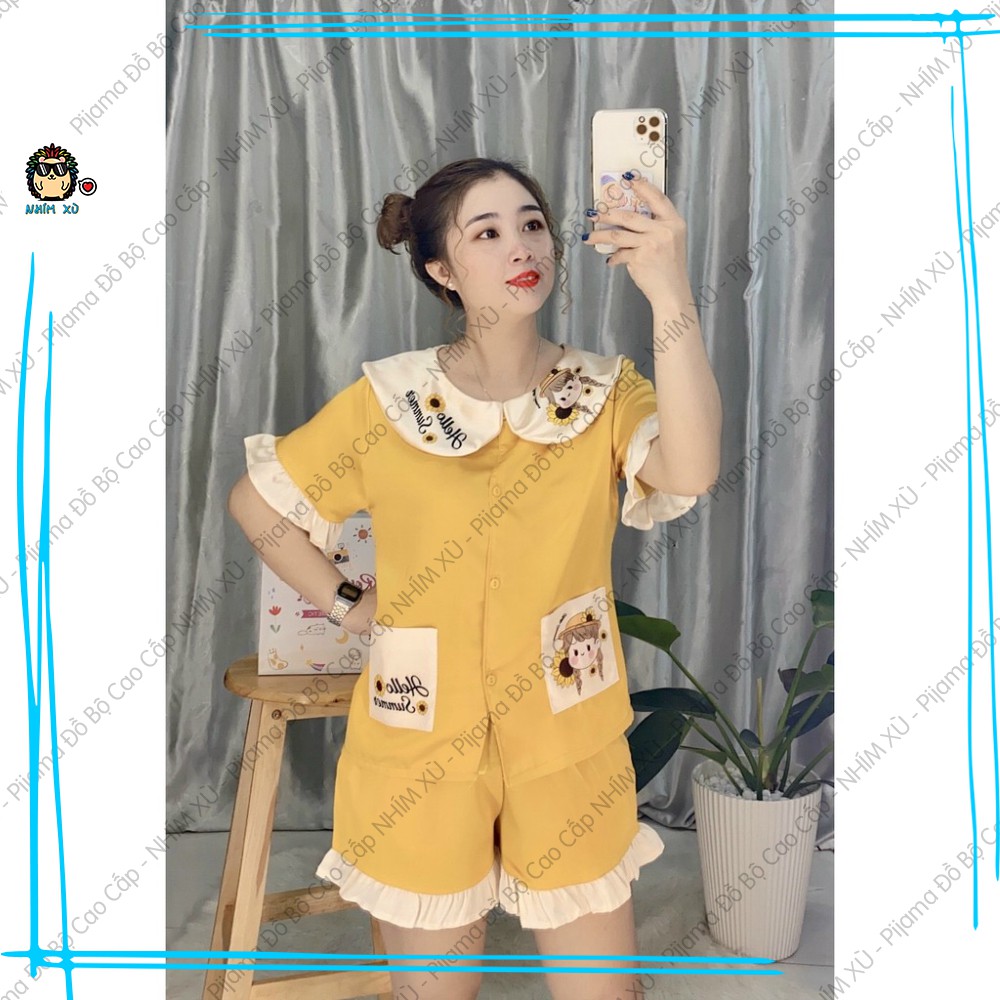 Đồ Bộ Ngủ Pijama Mặc Nhà Vải Satin Cao Cấp Cổ Bèo Tay Phồng Hello Summer Quần Đùi Áo Tay Ngắn | BigBuy360 - bigbuy360.vn