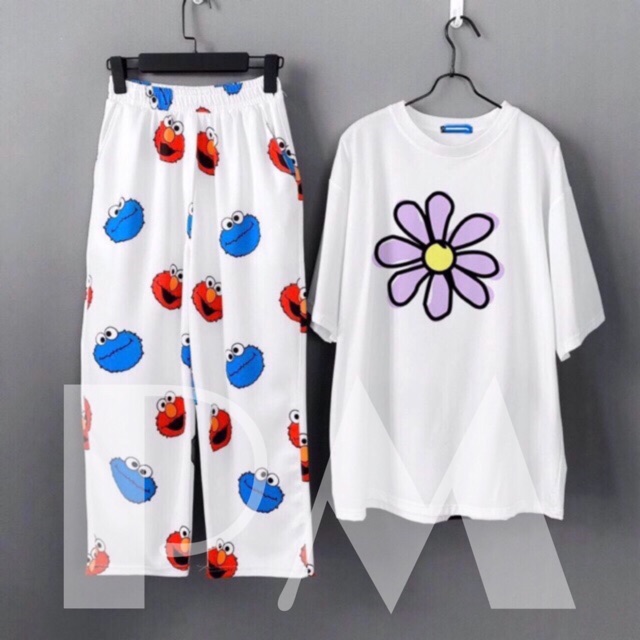 Sét áo hoa cúc tím + quần thú xanh đỏ dài