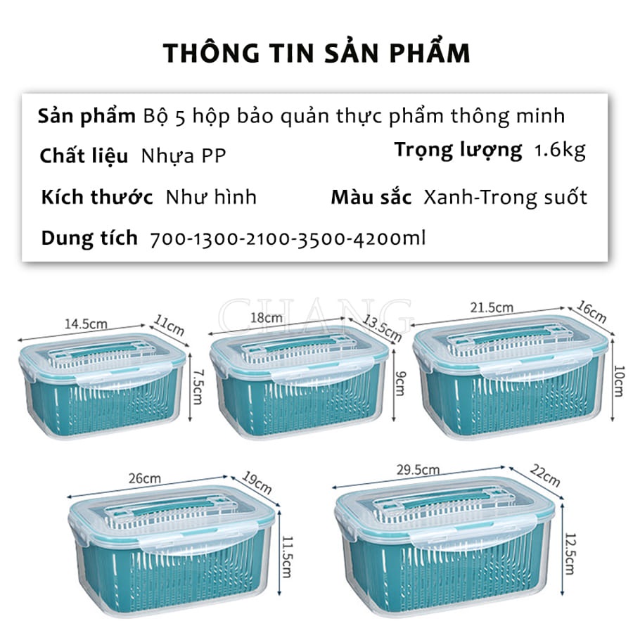 Set 5 Hộp Đựng Thực Phẩm Có Nắp Đậy Cao Cấp - Khay Nhựa Để Tủ Lạnh Kèm Rổ Ráo Nước Bảo Quản Thức Ăn An Toàn Tiện Lợi