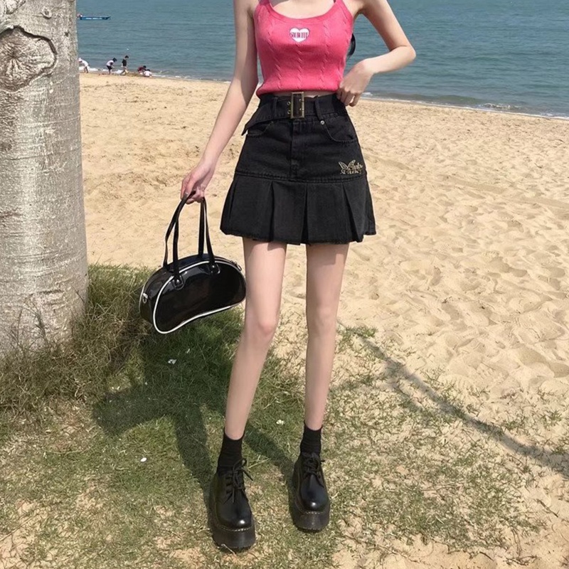 Chân Váy Jeans Ngắn Lưng Cao Thêu Chữ Và Bướm Phong Cách Vintage Cho Nữ